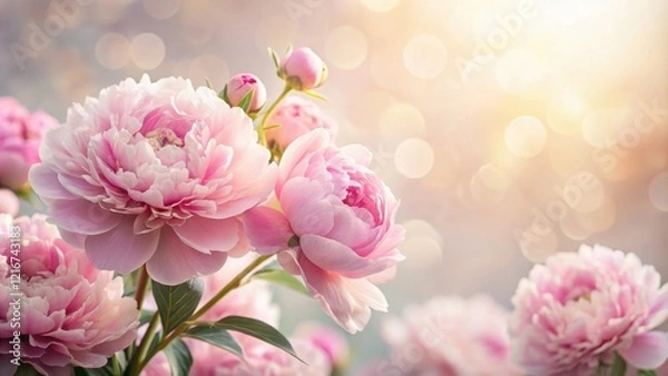 Fototapeta Delicate pink peonies in full bloom against a soft white background, with gentle morning light shining through the petals , pastel colors, delicate petals