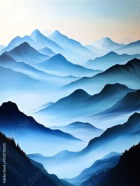 Fototapeta Misty Mountain Majesty at Dawn - Serene misty mountain landscape at sunrise, symbolizing peace, tranquility, mystery, vastness, and hope.