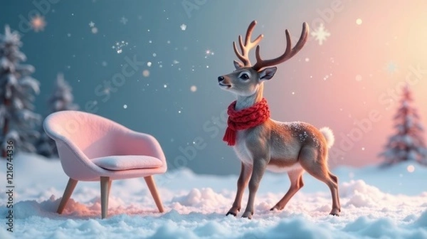Obraz A Festive Reindeer in a Winter Wonderland Scene with a Cozy Pink Chair