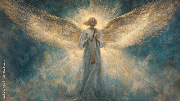 Fototapeta Artistic rendering of a serene angel with glowing wings, holding a harp, surrounded by radiant light, symbolizing grace, faith, and divine protection