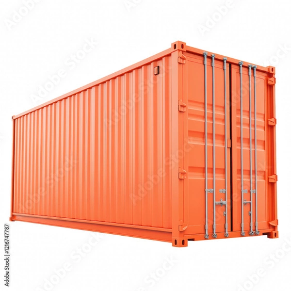 Fototapeta Shipping Container: A bright orange shipping container stands ready for its next journey. The container is shown against a neutral background with the doors closed.
