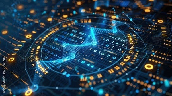 Fototapeta Abstract digital technology background with glowing circuits and binary code patterns