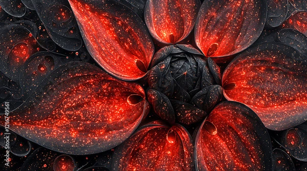 Fototapeta Intricate fractal art depicting a fiery, red and black flower.  Glowing embers illuminate the petals, creating a mesmerizing, otherworldly bloom.