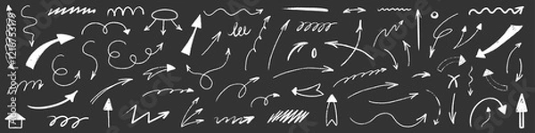Fototapeta Arrow sketch with texture crayon chalk. Scribble hand drawn set arrow and underline white on black background. Underline crayon chalk set, Vector illustration