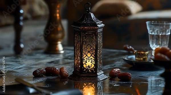 Fototapeta Illuminated lantern, dates, Ramadan, table, interior, evening, celebration, home,  festive, mood