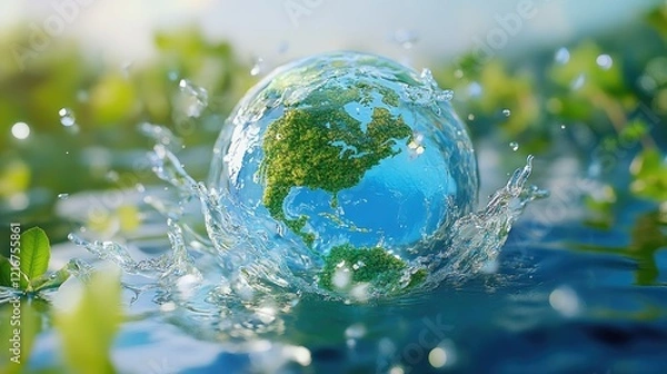 Fototapeta 3D illustration of water molecules blending technology and nature, highlighting global water resource management