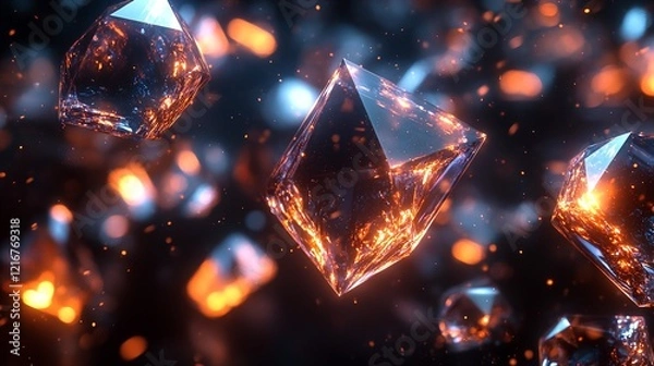 Fototapeta Abstract 3D render of glowing orange and blue lights reflecting off numerous floating diamonds or gemstones.