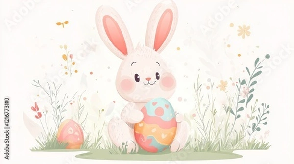 Obraz Cute bunny holding Easter egg in spring meadow.