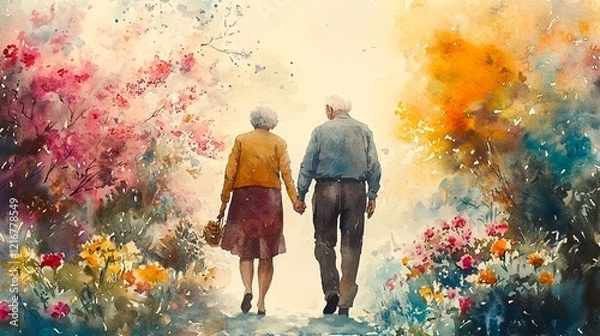 Fototapeta An elderly couple walking hand in hand through a vibrant garden full of colorful flowers.