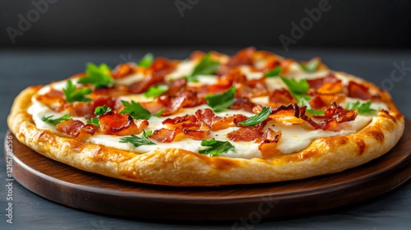 Fototapeta Flammkuchen from Alsace Traditional French Tarte Flambee with Cream Cheese Bacon and Onions