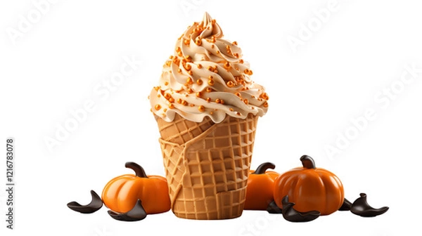 Fototapeta Pumpkin spice soft serve ice cream cone with autumn decor, a festive Halloween dessert in a fall food setting, transparent background.
