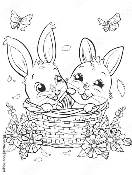 Obraz Coloring book for kids. Easter bunny peeks out of a basket of eggs and smiles.