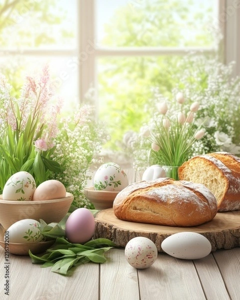 Fototapeta Easter celebration with traditional bread and decorated eggs on a rustic wooden table surrounded by flowers. Generative AI