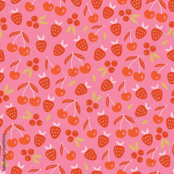 Obraz Valentine's Day seamless pattern with cherry and strawberry on pink background. Perfect for wallpaper, gift paper, romantic greeting cards. Vector hand drawn illustration