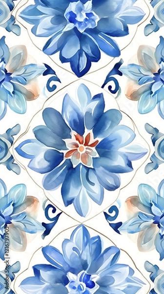 Fototapeta Digital vintage watercolor floral tile pattern abstract graphic poster background
