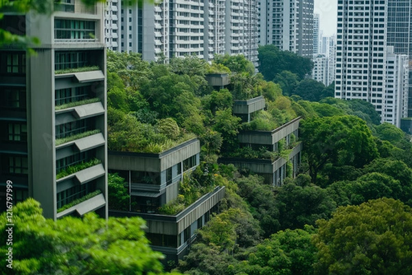 Fototapeta Concrete cityscapes blending into lush greenery. 