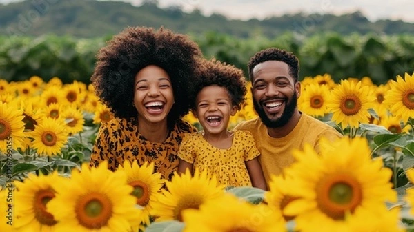 Obraz A joyful family smiles together in a sunflower field, capturing a moment of happiness and togetherness amidst vibrant blooms.