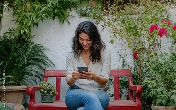 Fototapeta a happy woman sitting on an outdoor bench, smiling at her phone while holding it in one hand and looking down to see what she's getting from the screen