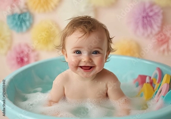 Fototapeta a happy, smiling baby in a blue bathtub with soap suds and colorful toys, isolated on a white background