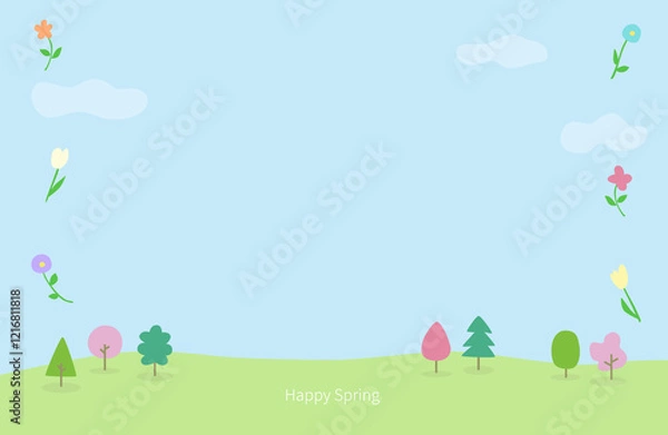 Obraz 木々と春の花たちのハッピースプリングメッセージカードイラスト