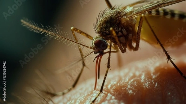 Fototapeta Close-up of a mosquito biting human skin, emphasizing its role as a vector for diseases such as Zika and Yellow Fever.