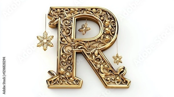 Obraz Ornate Golden Letter R with Decorative Elements for Christmas Style
