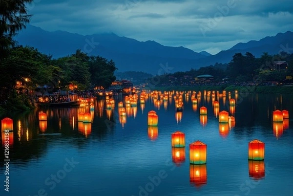 Fototapeta Taiwan Lantern Festival: A panoramic view of lanterns drifting down a river, with red, yellow, and green lanterns illuminating the calm water, set against a dark sky and distant mountain backdrop