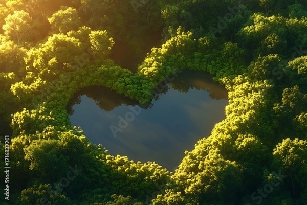 Fototapeta A heart-shaped lake surrounded by dense green trees, bathed in warm, golden light, creating a serene atmosphere.