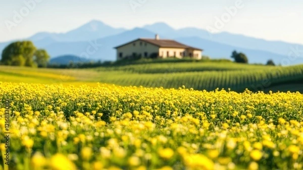 Fototapeta Rustic farmhouse surrounded by blooming fields with distant mountain view