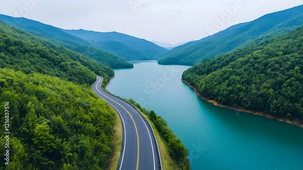 Fototapeta Scenic drive along a serene lake mountainous landscape aerial view tranquil environment nature exploration