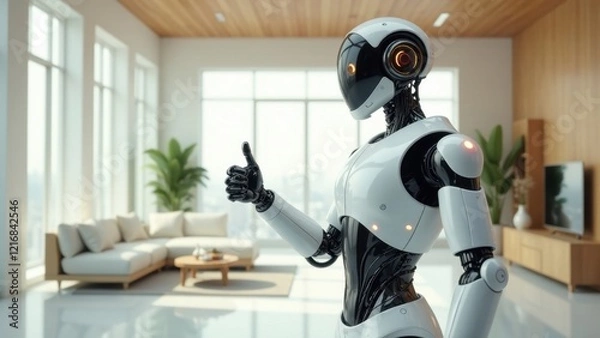 Fototapeta A futuristic robotic assistant gives a thumbs up gesture in a modern home environment