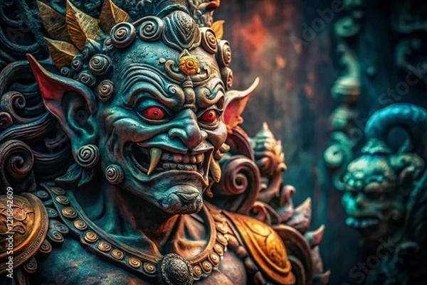 Fototapeta Ancient Stone Demon Statue, Left Composition, Copy Space - Mystical Fantasy Sculpture