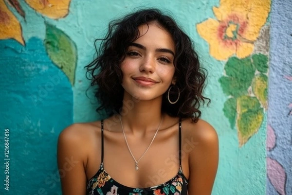 Fototapeta Smiling woman poses in front of vibrant mural with floral designs on a sunny day