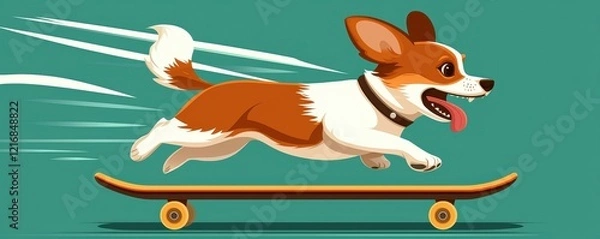 Fototapeta Energetic dog skating fast urban park illustration vibrant colorful background playful perspective
