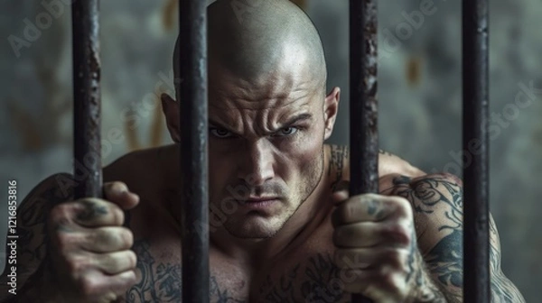 Obraz Bald, tattooed man stares intensely through jail bars, gripping them with a look of determination and aggression. Prisoner behind bars. Man who has committed a crime.