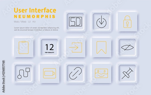 Fototapeta User interface set icon. Navigation, security settings, download, clipboard, system icons, interface elements, bookmarking, linking, file management, UI design