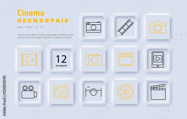 Fototapeta Cinema set icon. Camera, film reel, clapperboard, video playback, photo, image gallery, recording, media production, online streaming, content creation