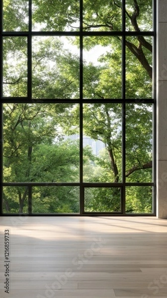 Obraz Contemporary room with a wooden floor, concrete wall, and a window showcasing an enchanting green view filled with nature