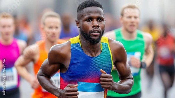 Fototapeta Colorful runners advance through the marathon route with determination and energy, showcasing athleticism in a vibrant display of teamwork and competition