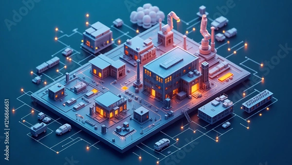 Fototapeta Industry 4.0 Isometric Smart Factory with Automation and Robotics