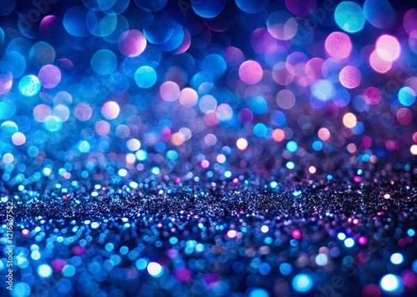 Obraz Blue Glitter Background, Low Light Sparkle Texture, Shimmering Night Photo