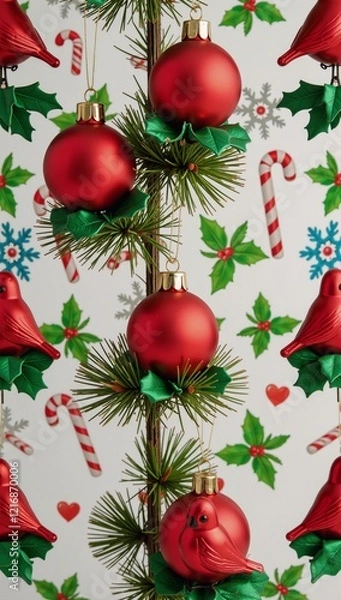 Fototapeta A festive Christmas-themed seamless pattern showcases holiday ornaments red cardinals on pine branches with holly leaves and berries