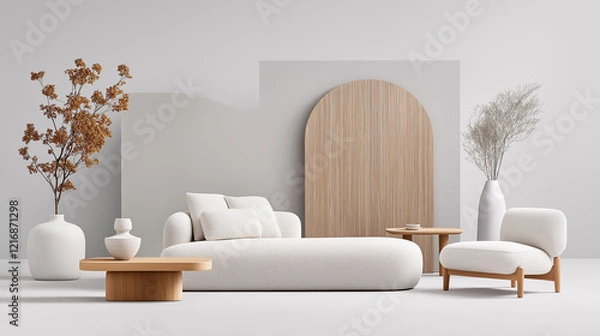 Fototapeta Abstract furniture pieces arranged in a stylish neutral setting with natural elements and minimalistic design