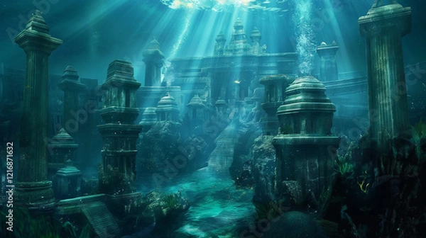 Fototapeta Underwater city of Atlantis, built with massive ancient stone structures, towering temples, and statues. The atmosphere is majestic, mysterious, and ancient. Space for text. Generative AI.