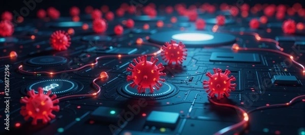 Fototapeta Digital visualization showcases an interactive malware infection scenario with glowing viruses infecting data nodes amidst intricate security infrastructure