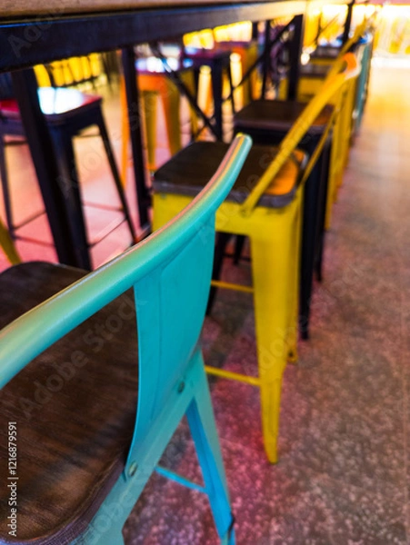 Fototapeta Modern Cafe Interior with Bar Stools and Geometric Perspective