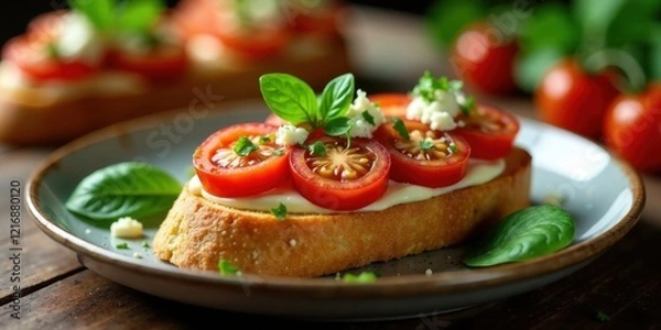 Obraz Appetizing toasted bread topped with creamy spread, fresh tomato slices, crumbled cheese, and vibrant basil leaves, presented on a rustic plate