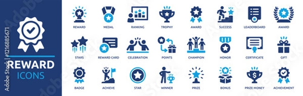 Fototapeta Reward icon set. Containing award, prize, medal, gift, trophy, badge, points, achievement, certificate and more. Solid vector icons collection.