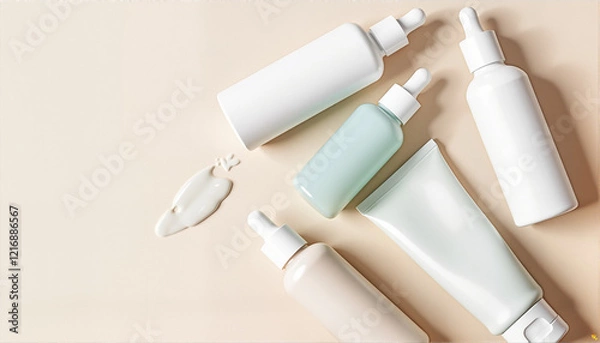 Fototapeta Skincare bottles and cream on soft beige background, Spring Skin Care Theme