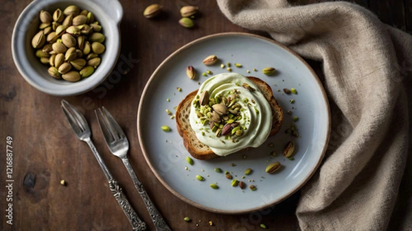 Fototapeta Pistachio cream on slice of toast bread, flat lay, top view. Delicious pistachio cream made with organic pistachios on rustic wooden table